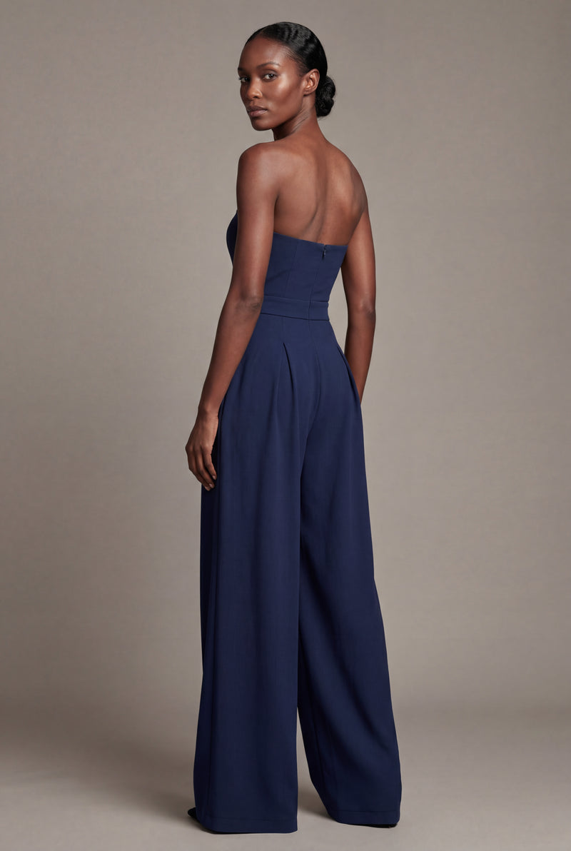 Navy Blue Strapless Wide-leg Tailored Jumpsuit with Pleated Waist - Wide leg jumpsuit - Photo 2