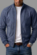 Suede Bomber Jacket in Navy Blue — front view