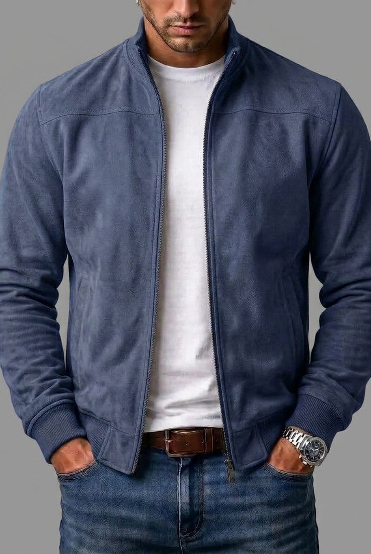 Suede Bomber Jacket in Navy Blue — front view