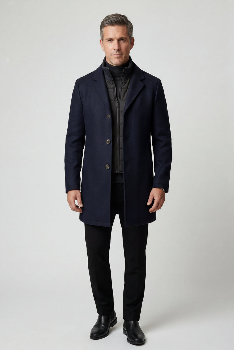 Navy Blue Tailored Three-button Winter Coat with Notched Lapel - Photo 3