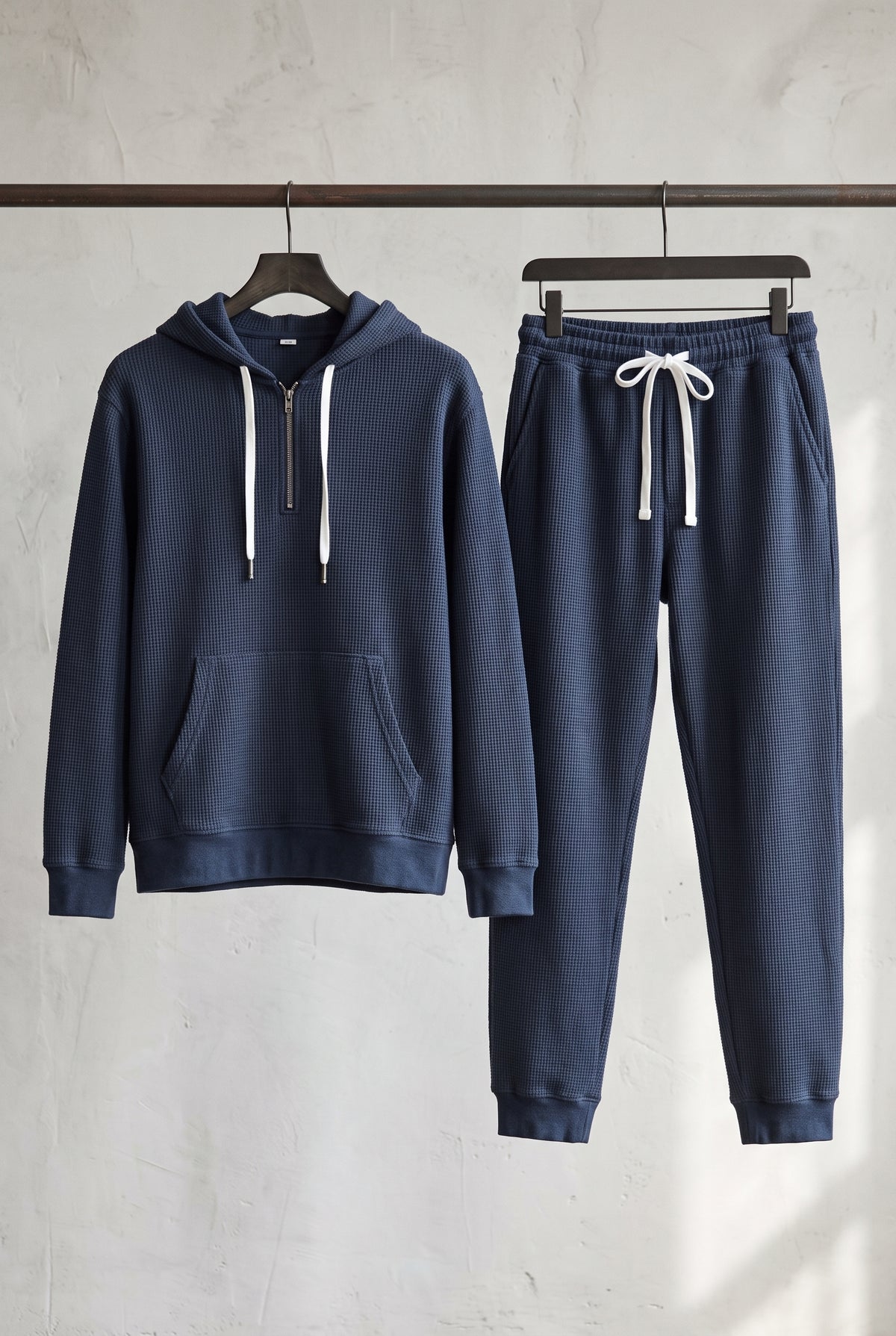 Waffle-Knit Hoodie Set in Navy Blue — studio front