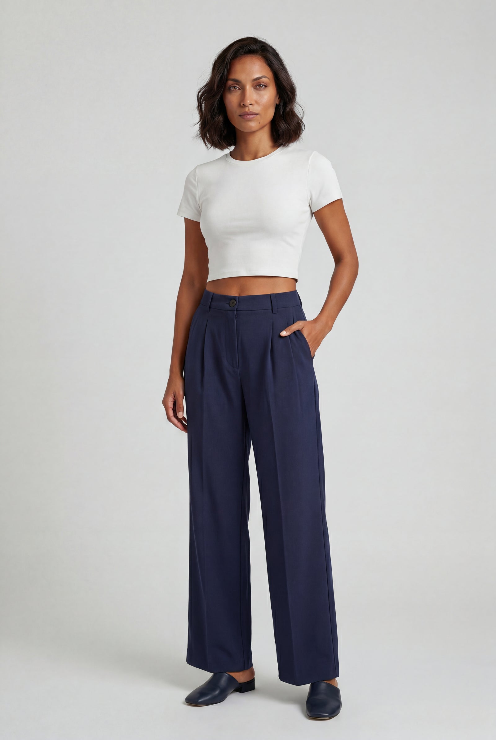 Navy Blue Wide Leg Office Trousers - Wide leg trousers - Photo 16