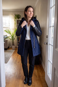 Women's Coat Hooded Elegant in Navy Blue — home doorway candid