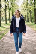 Women's Hooded Jacket Zipper Closure in Navy Blue — secondary ugc candid