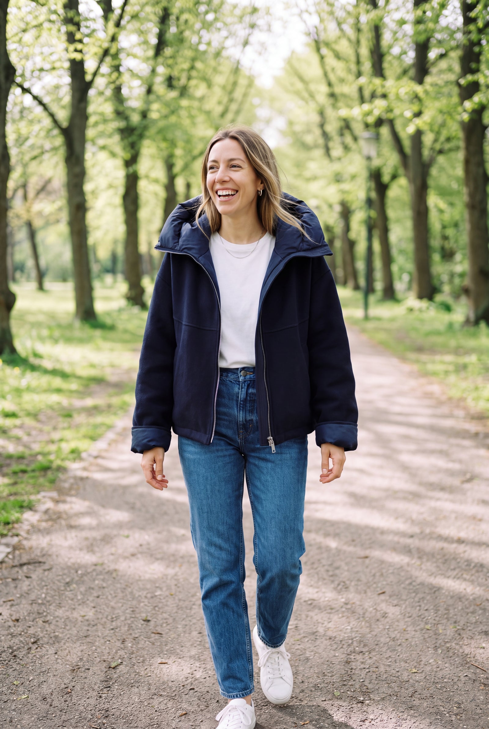 Women's Hooded Jacket Zipper Closure in Navy Blue — secondary ugc candid