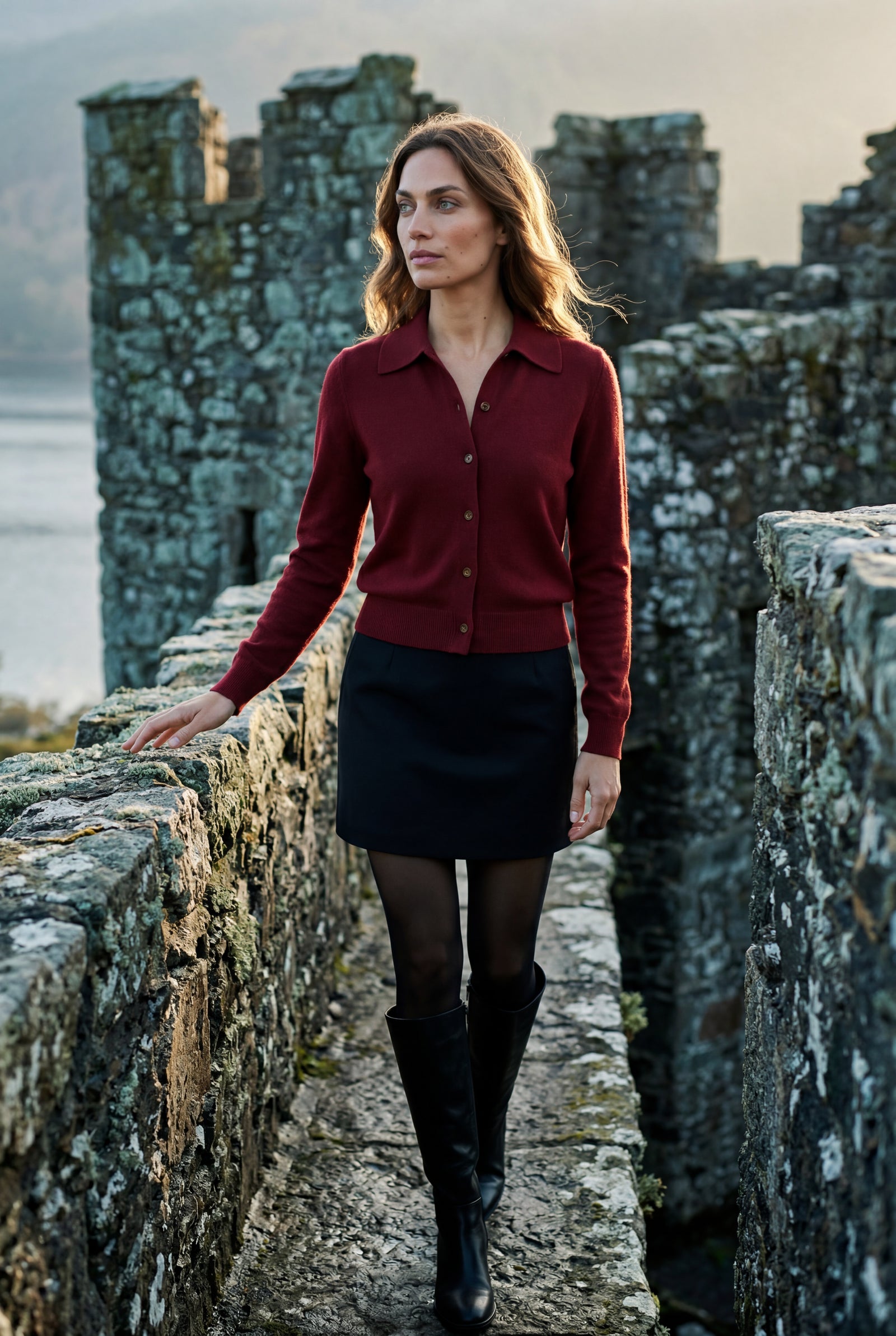 Burgundy Women's Classic Collared Button-Down Cardigan Sweater - Photo 6