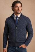 Zip-Front Knit Cardigan in Navy Blue — studio front