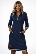 Zip-Front Polo Sweater Dress in Navy Blue — front view