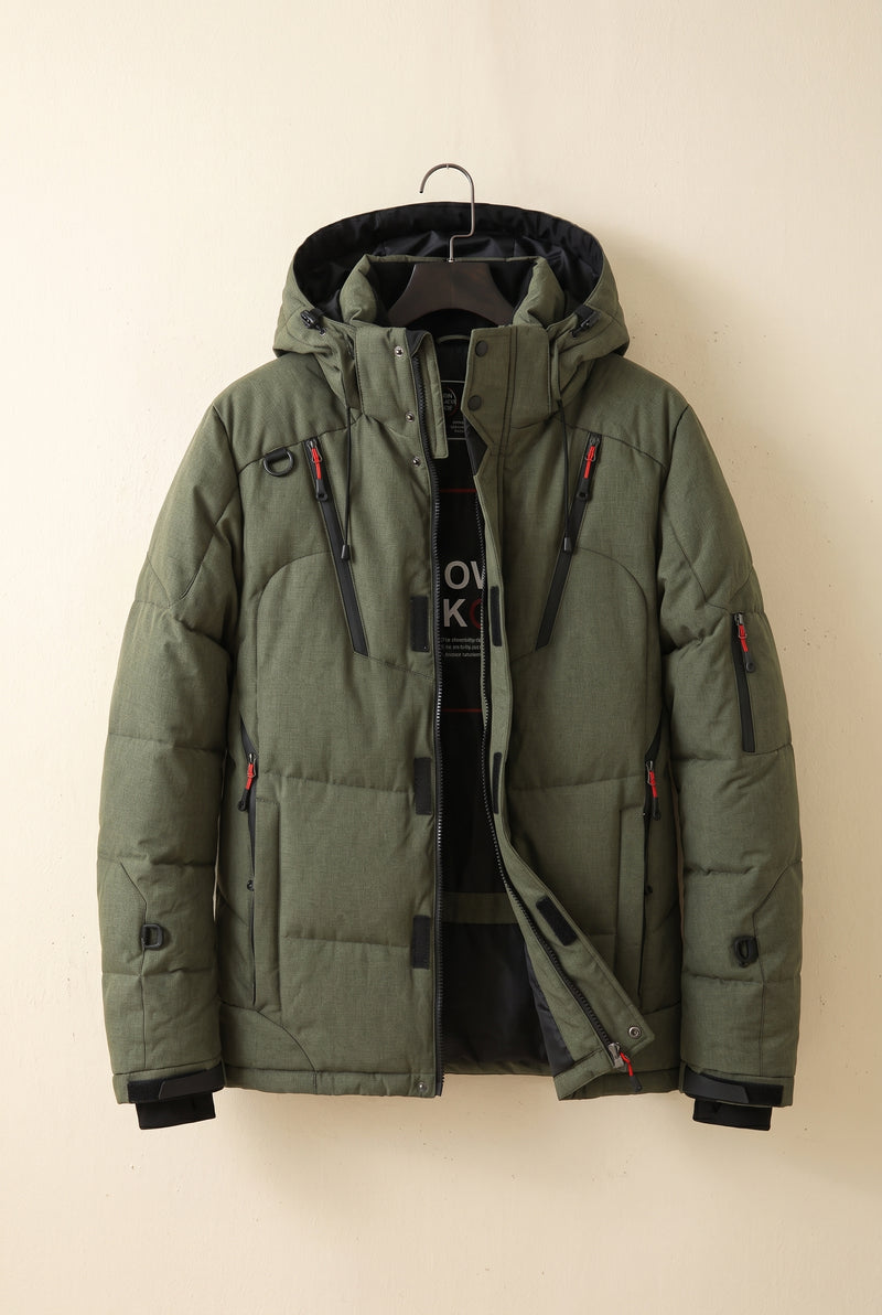 Insulated Hooded Puffer Coat in Navy Green — studio front