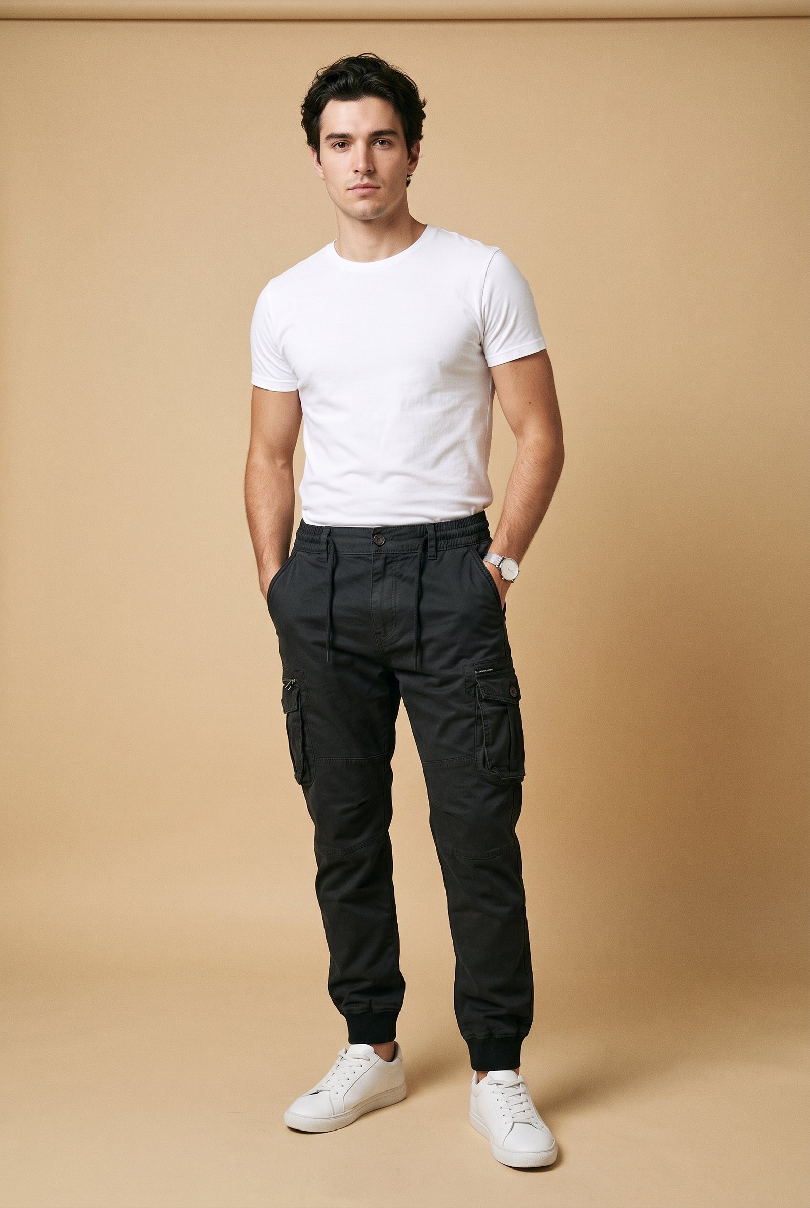 Men's Cargo Pants Modern Fit in Night Black — studio front