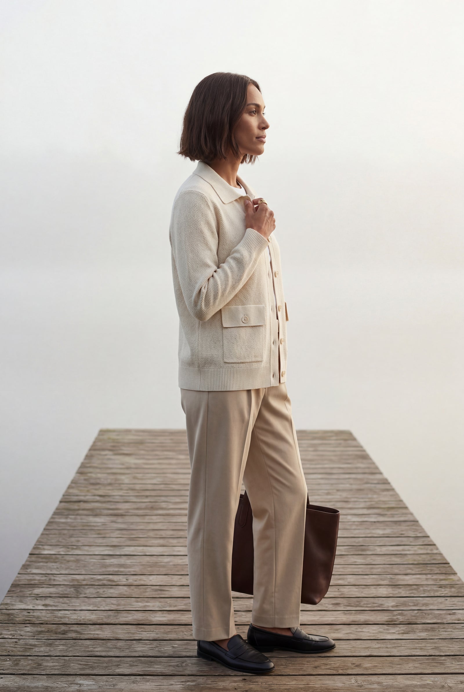 Cream Button-up Collared Cardigan with Patch Pockets - Wool cardigan - Photo 12