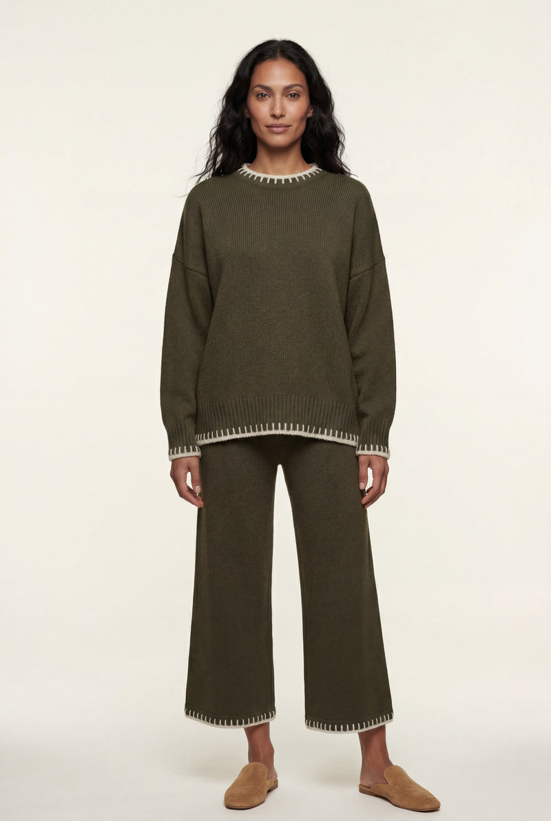 Olive Contrast Trim Relaxed Lounge Set - Photo 2