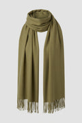 Cashmere Fringed Scarf in Olive Green — studio front