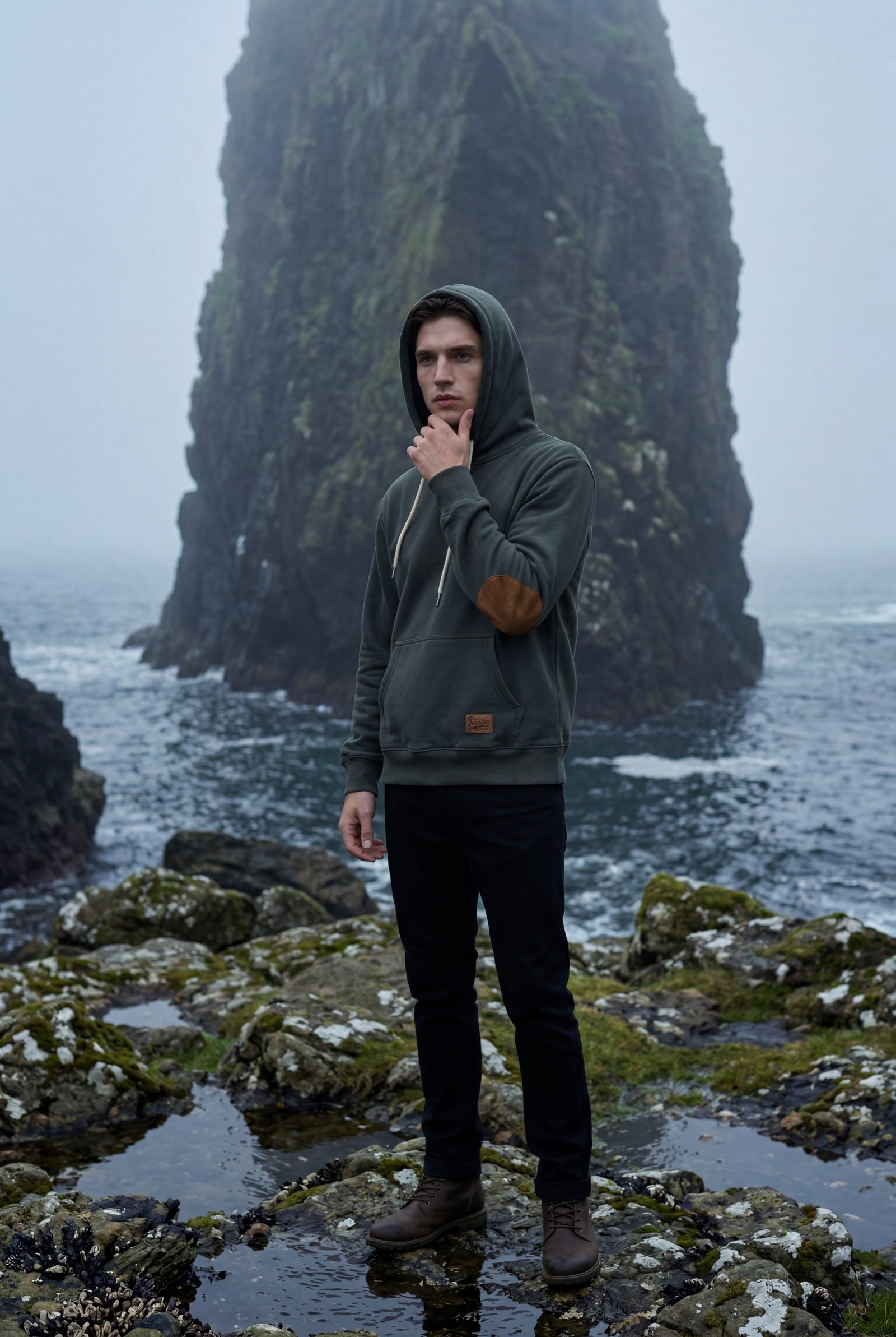 Gray Contrast Elbow Patch Pullover Hoodie with Drawstring Hood - Men's hoodie - Photo 16