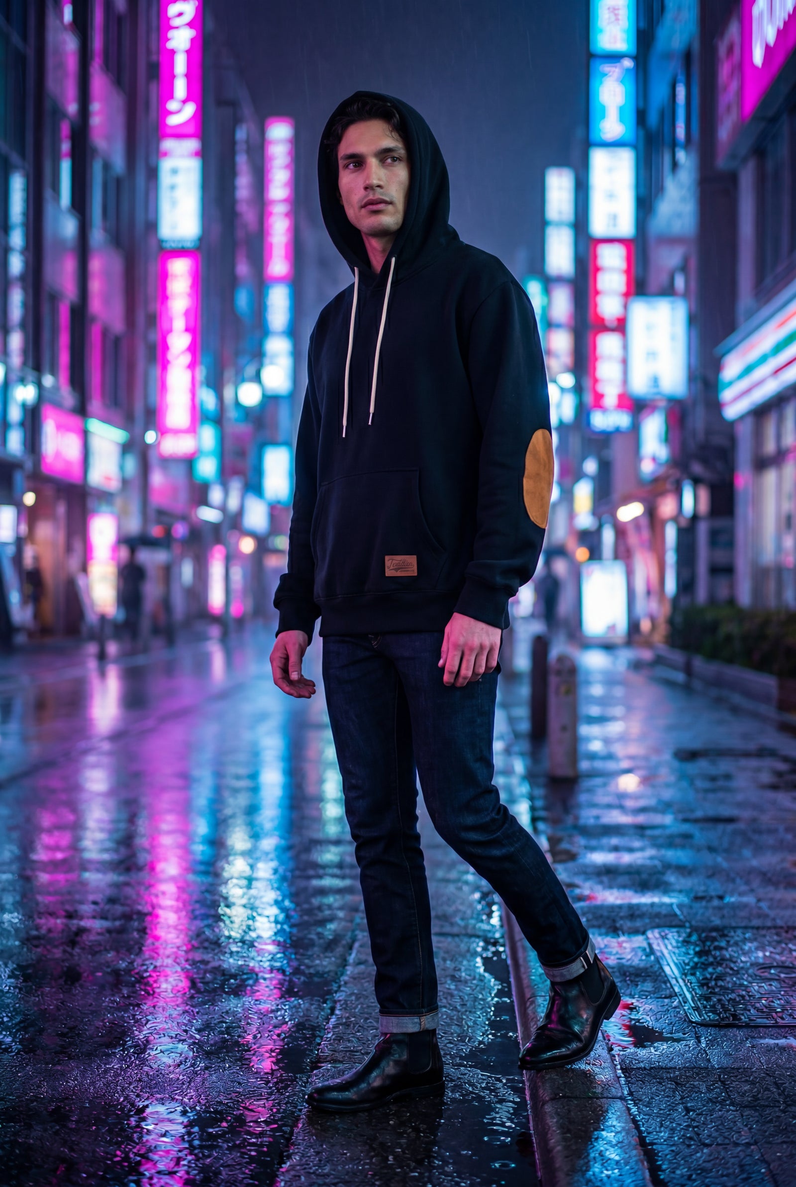 Black Contrast Elbow Patch Pullover Hoodie with Drawstring Hood - Men's hoodie - Photo 2