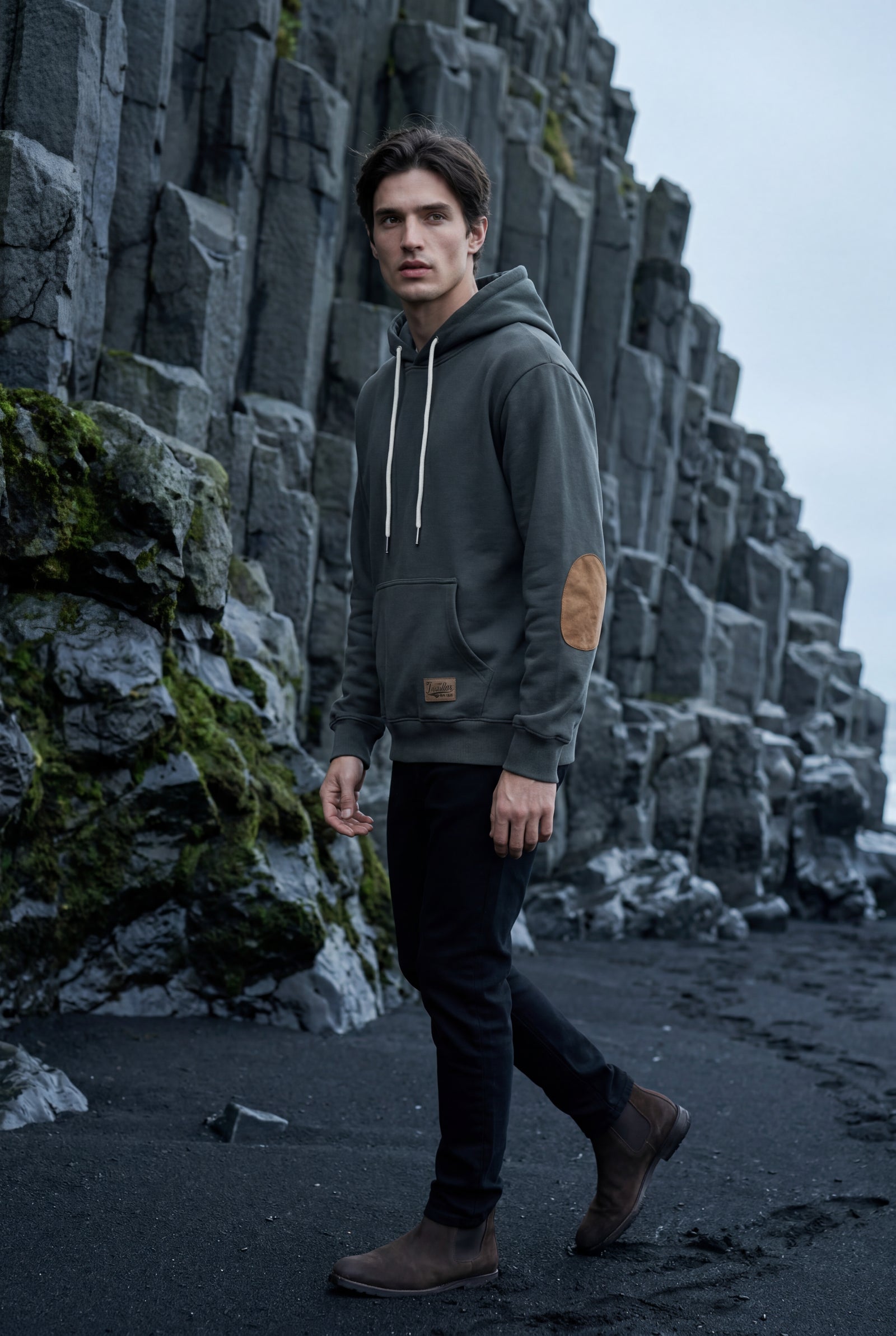 Gray Contrast Elbow Patch Pullover Hoodie with Drawstring Hood - Men's hoodie - Photo 7