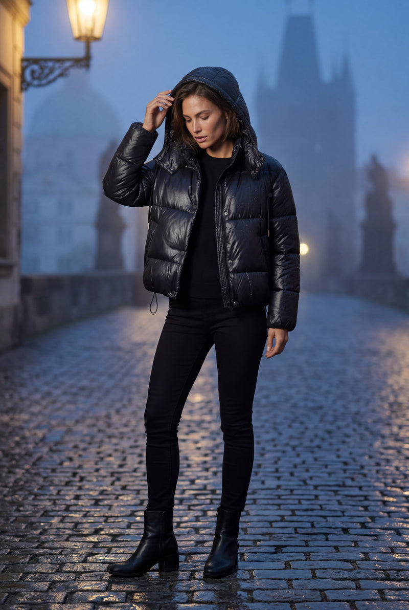 Black Cropped Hooded Puffer Jacket with Boxy Silhouette - Puffer jackets - Photo 6