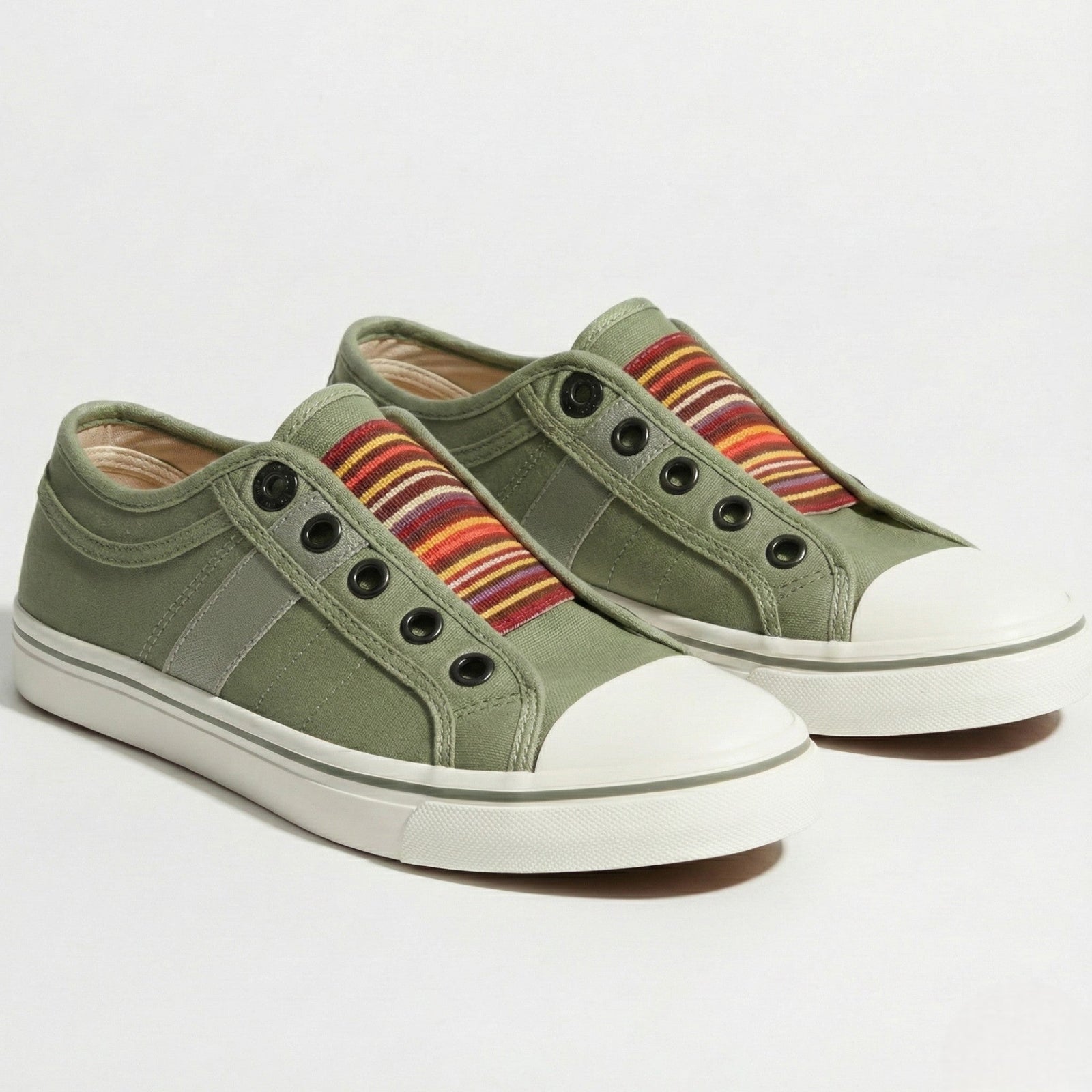 Olive Green Multicolor Elastic Band Slip-on Canvas Sneaker - Sneakers - Photo 7