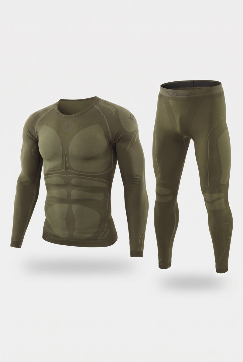 Stretch Knit Base Layer Set in Olive Green — studio front