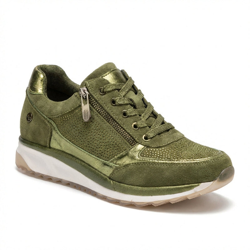 Olive Green Women's Metallic Panel Low-Top Casual Sneakers - Photo 1