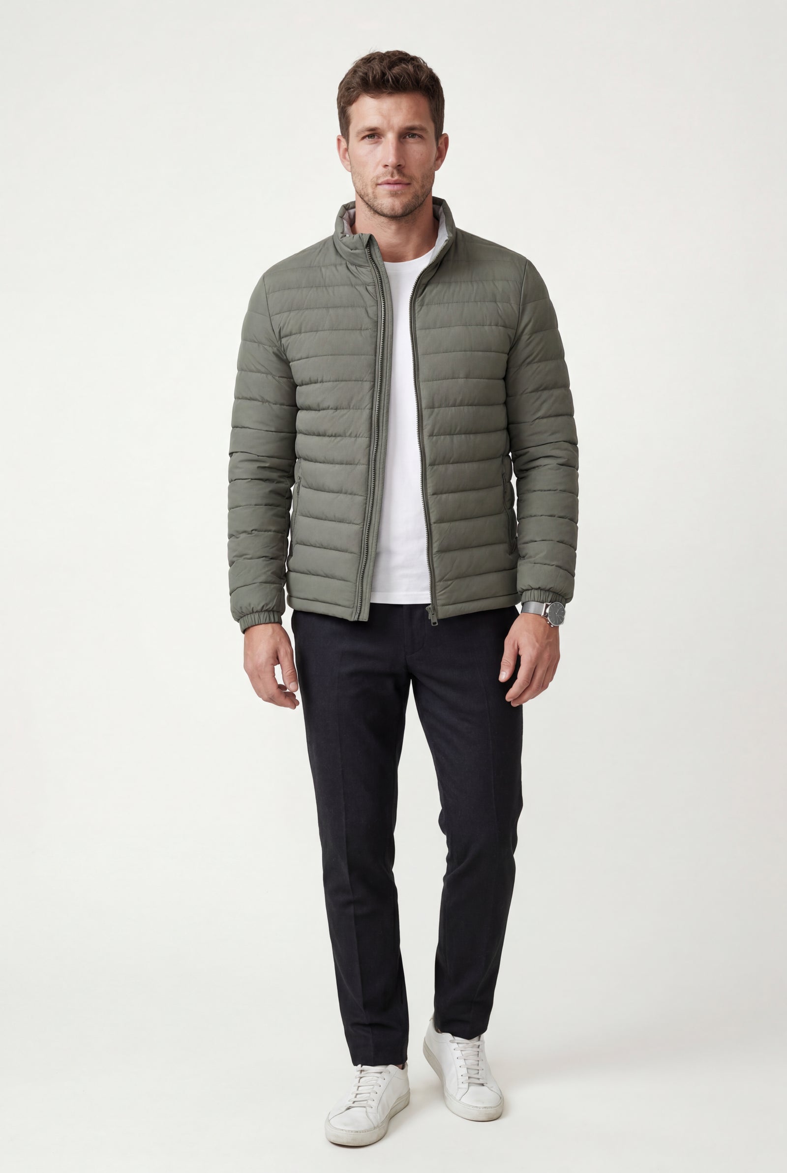 Olive Grey Quilted Stand Collar Lightweight Puffer Jacket - Lightweight jackets - Photo 12