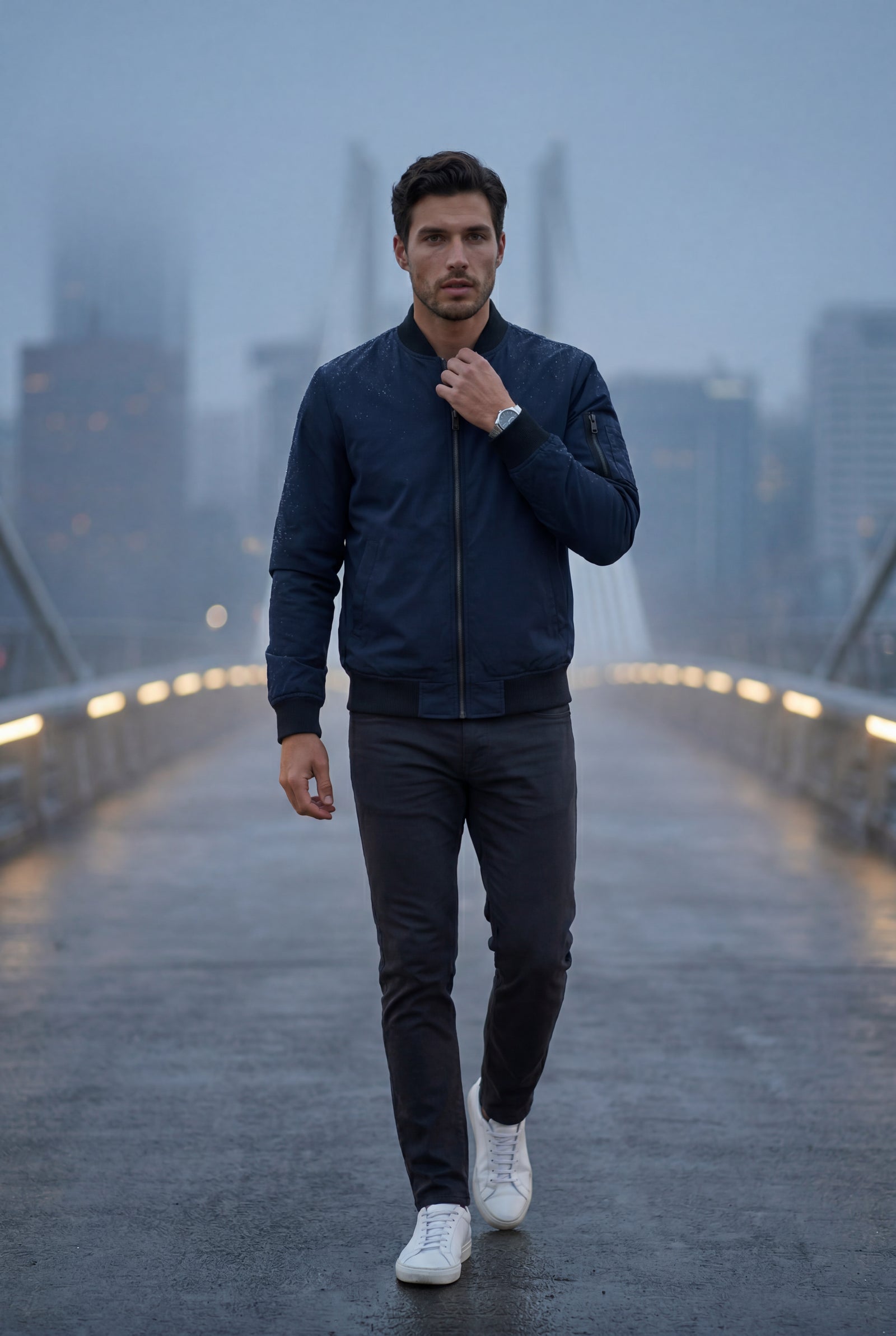 Navy Blue Men's Slim-Fit Minimalist Classic Bomber Jacket - Photo 10