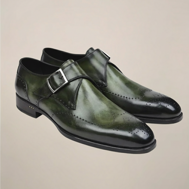 Olive Monk Strap Brogue Dress Shoes with Wingtip Detailing - Monk strap dress shoes - Photo 4