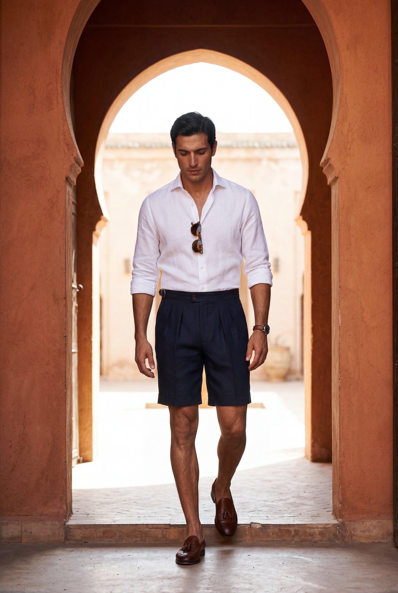 Navy Blue Pleated Tailored Bermuda Shorts with Side Adjusters - Casual shorts - Photo 11