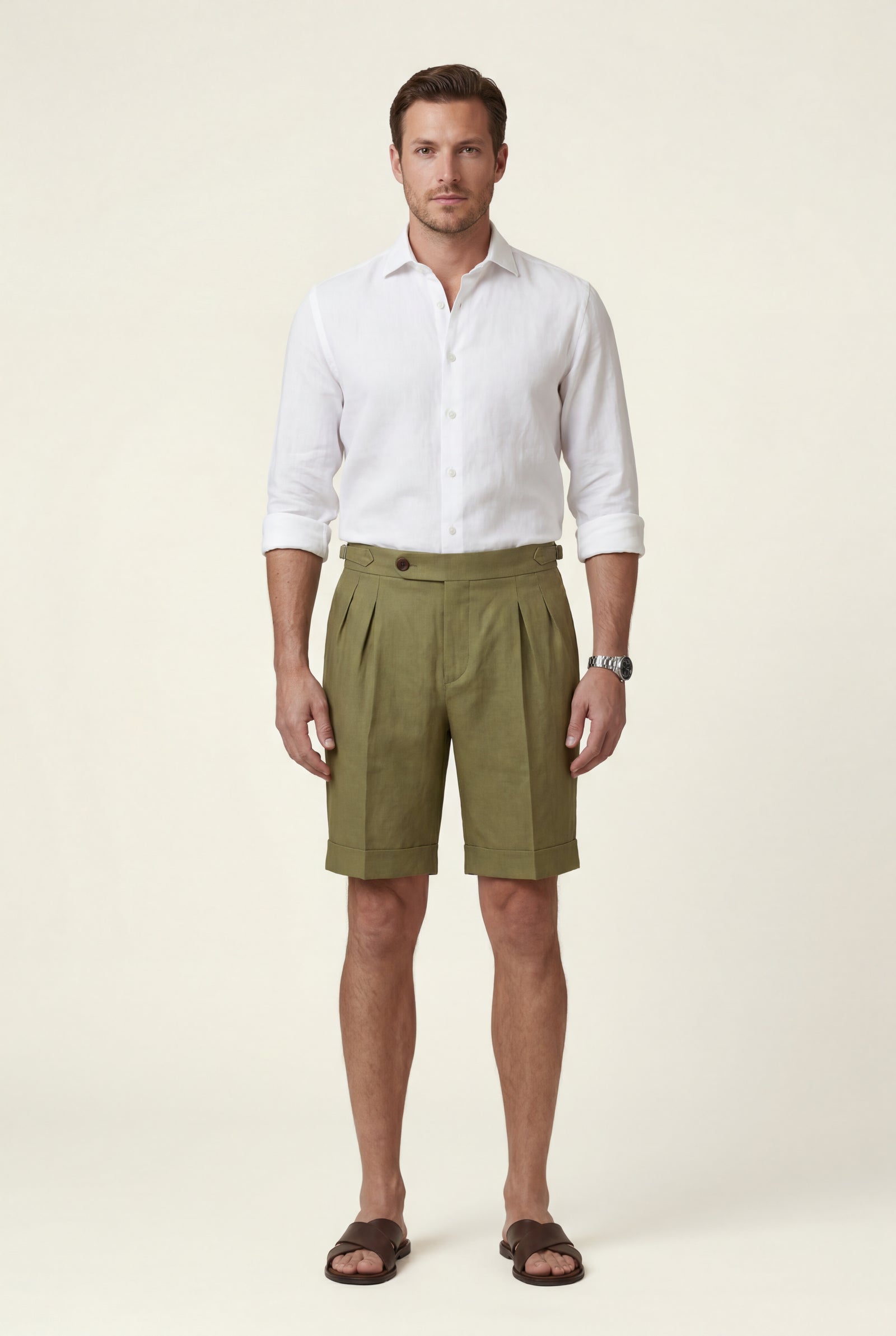 Olive Pleated Tailored Bermuda Shorts with Side Adjusters - Casual shorts - Photo 4