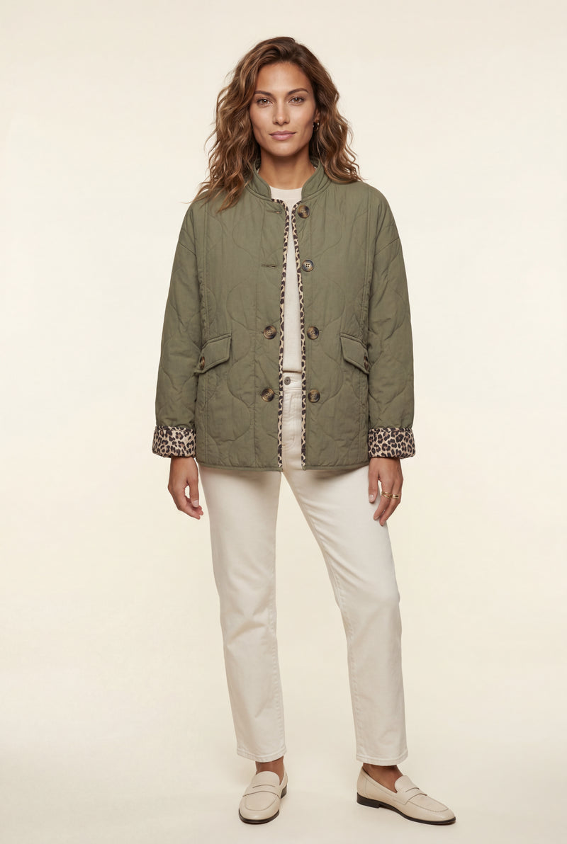 Olive Quilted Button-front Jacket with Leopard Print Cuffs - Casual jackets - Photo 3