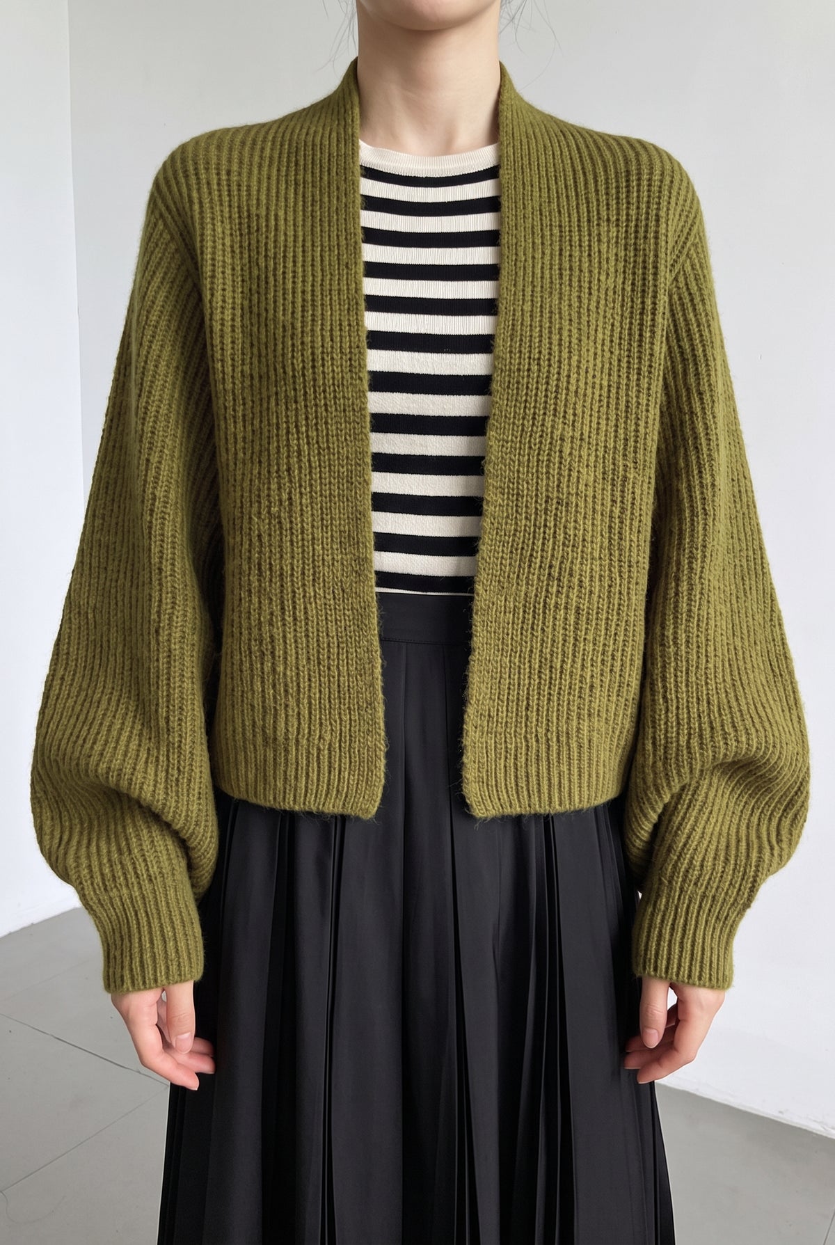 Ribbed Knit Shrug in Olive — studio front