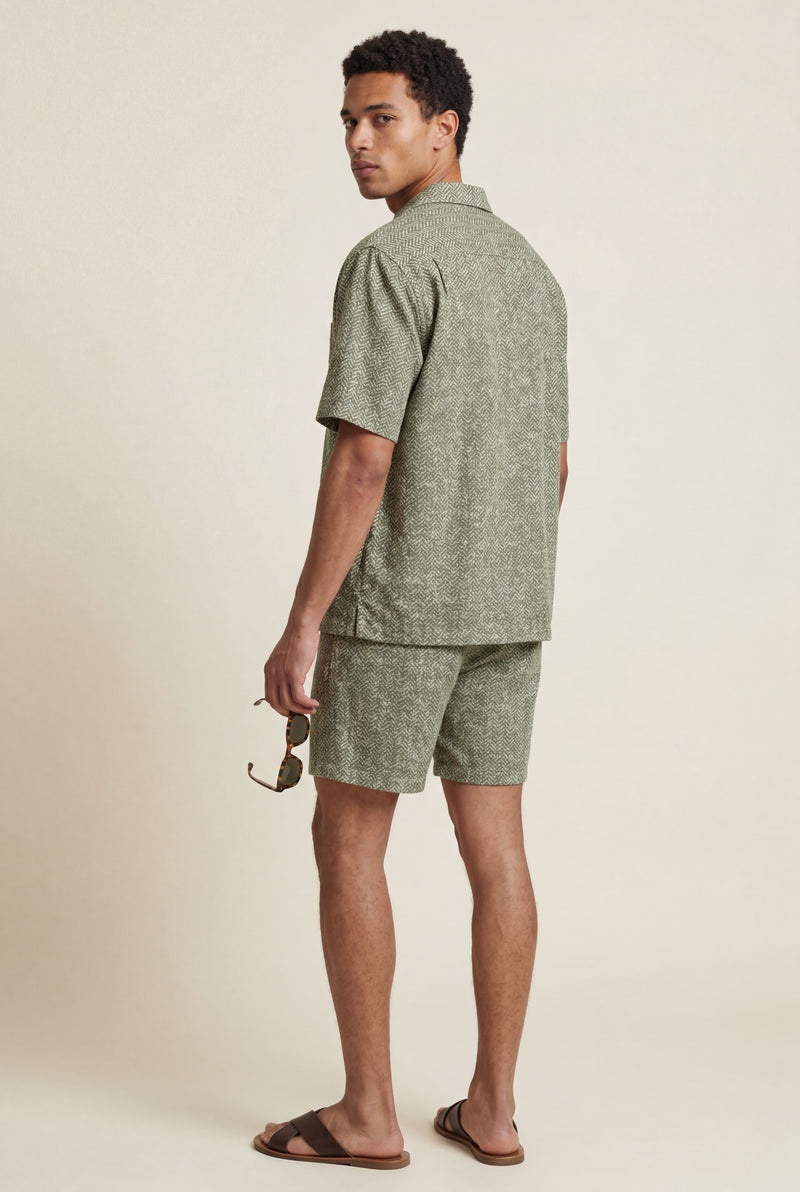 Olive Sage Green Micro Print Relaxed Fit Shirt and Shorts Set - Summer set - Photo 2