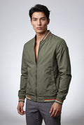 Olive Striped Ribbed Trim Slim Fit Bomber Jacket - Photo 2