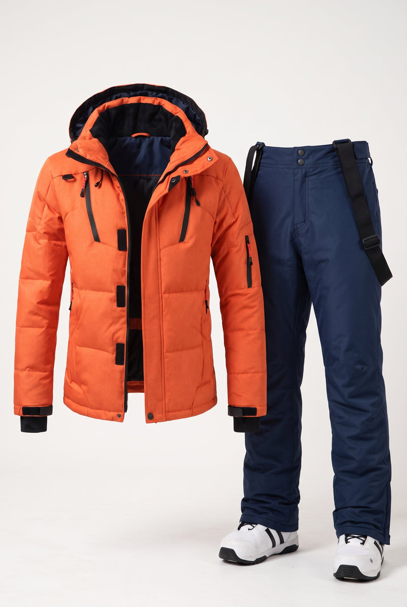 Insulated Snow Suit with Hood in Orange and Navy Blue — studio front