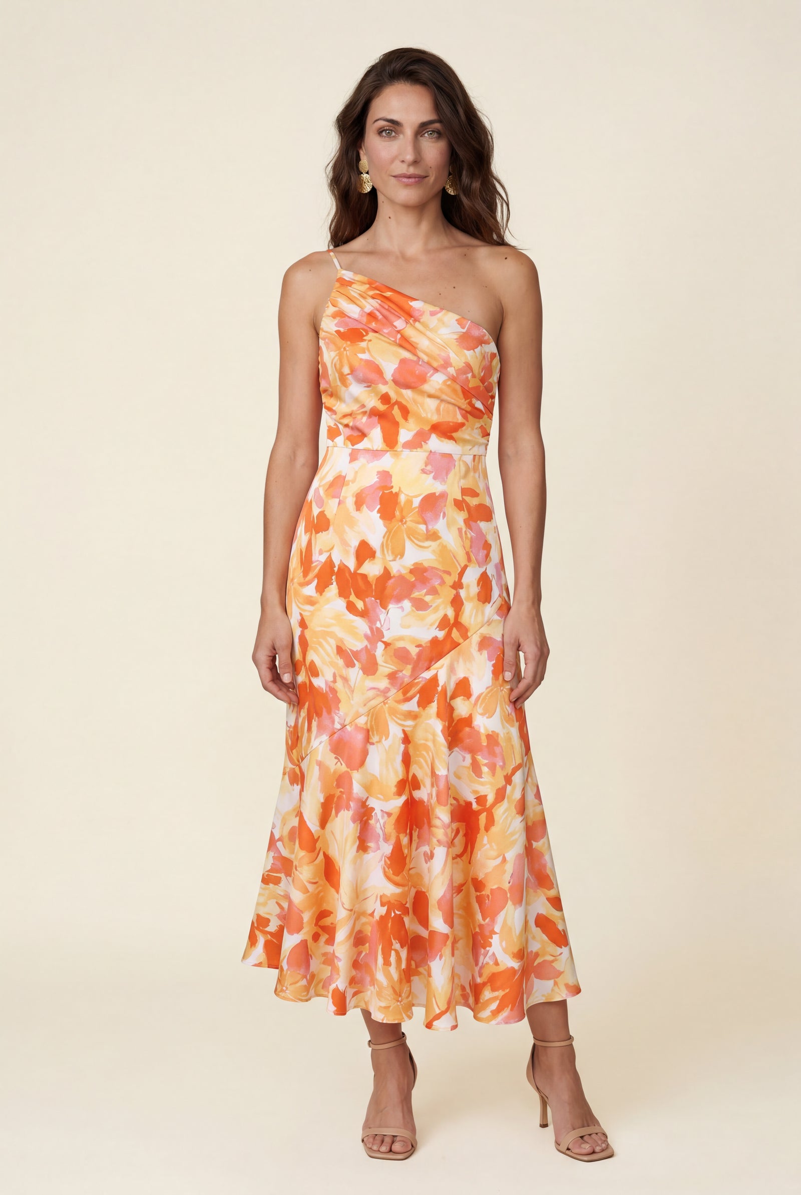 Orange Asymmetrical One-shoulder Floral Print Midi Dress - Photo 24