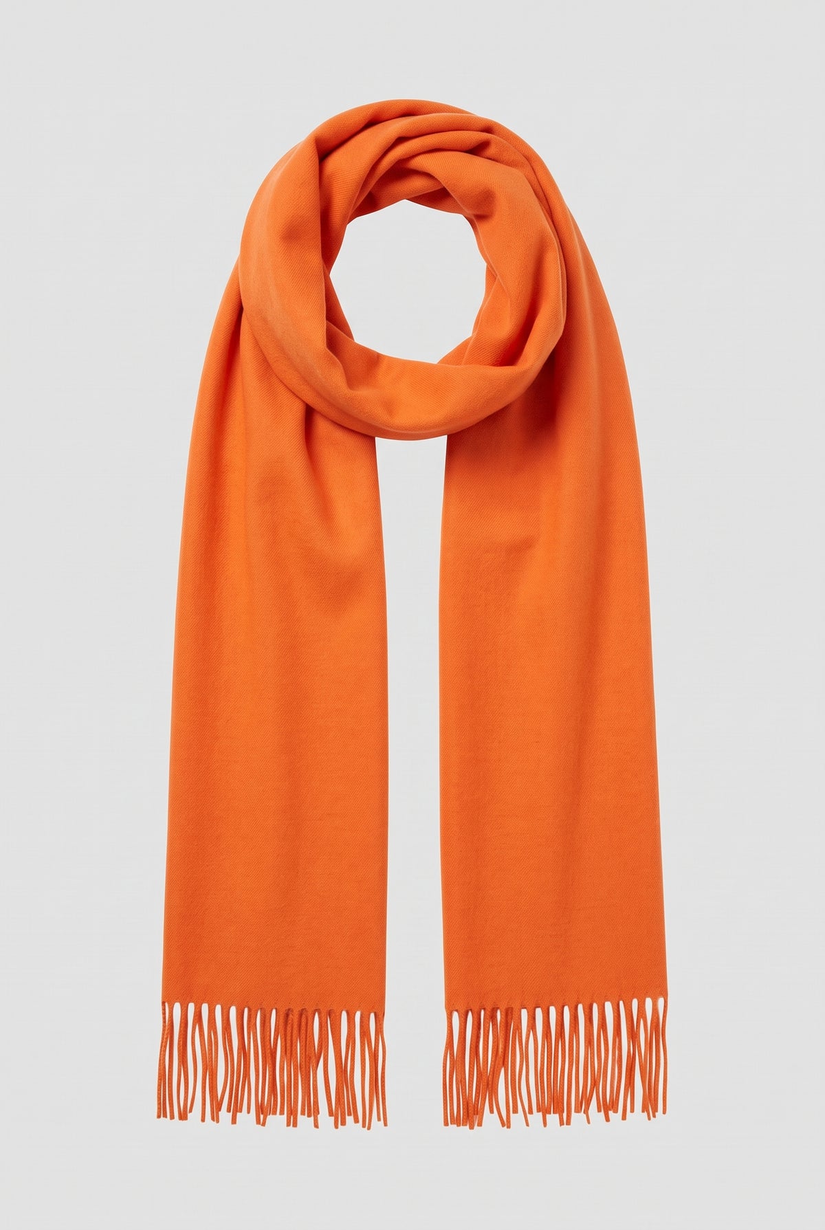 Cashmere Fringed Scarf in Orange — studio front