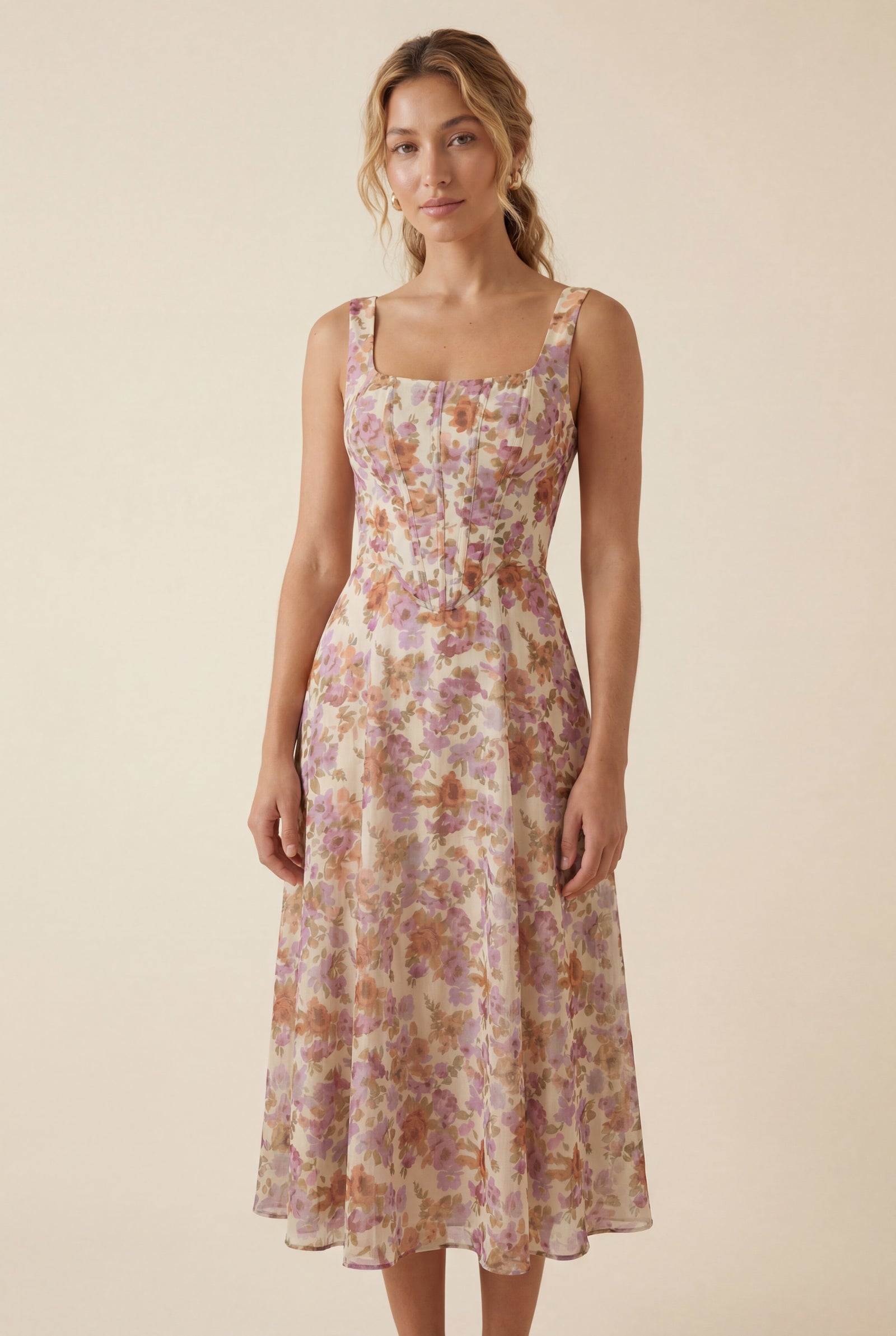 Orange Floral Square Neck A-line Midi Dress with Flutter Straps - Wedding dress - Photo 5