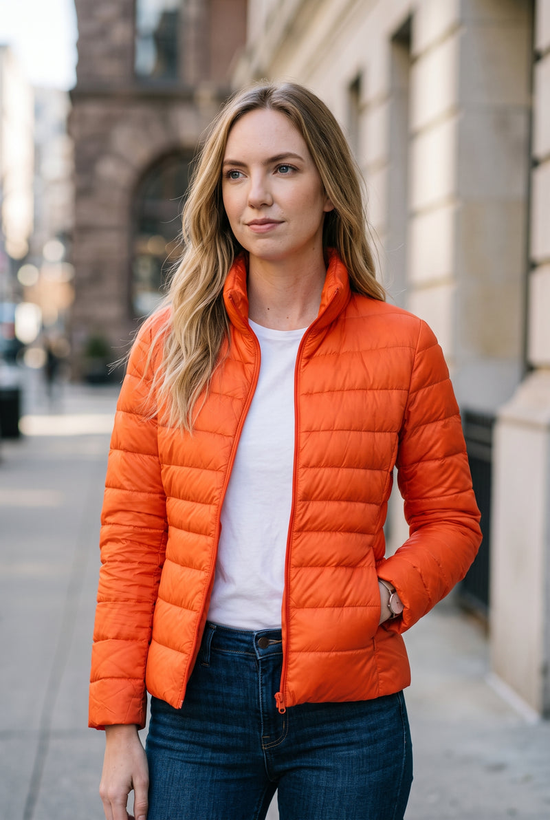Lightweight Quilted Puffer Jacket in Orange — studio front