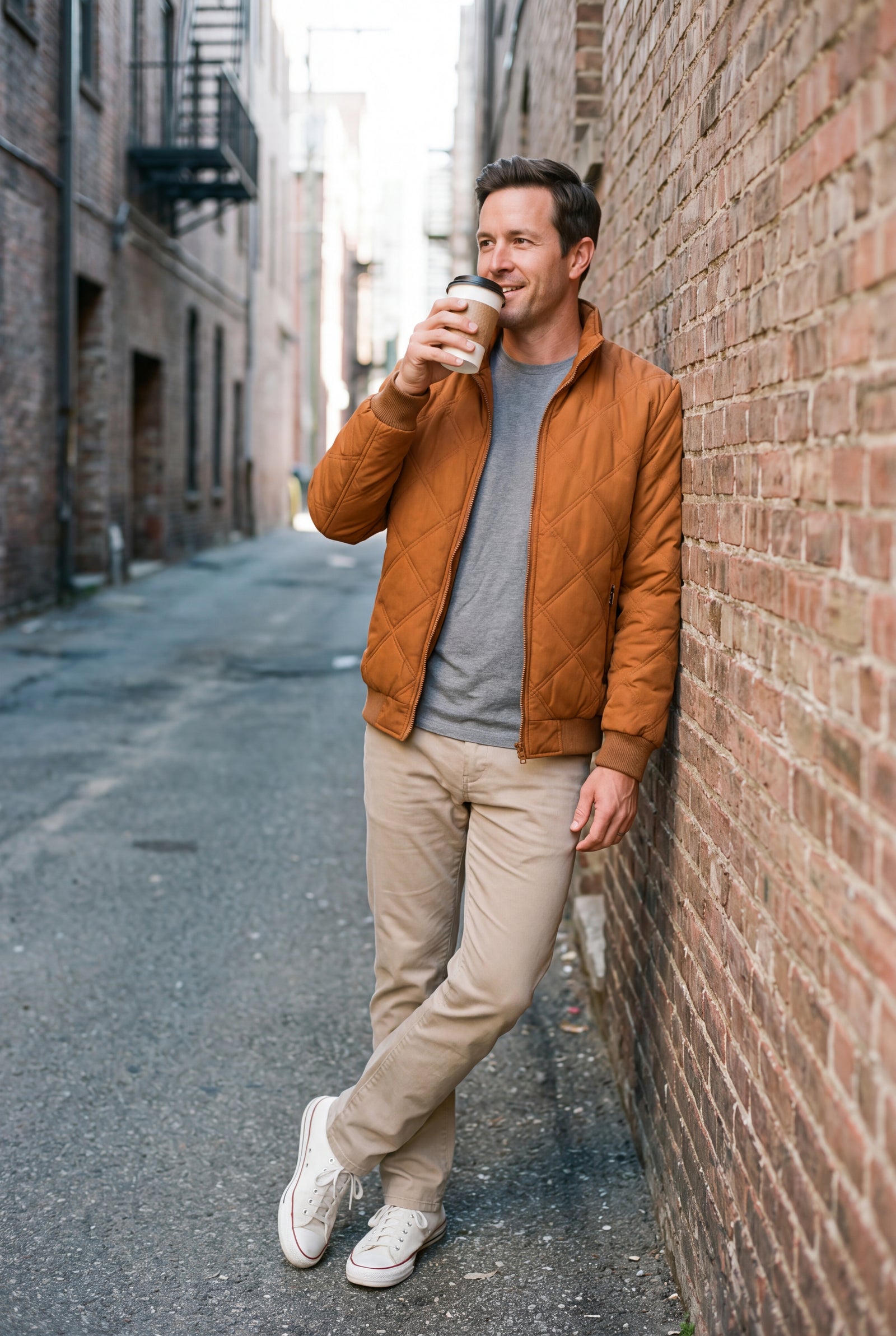 Men's Jacket Quilted Fleece-Lined in Orange — city morning