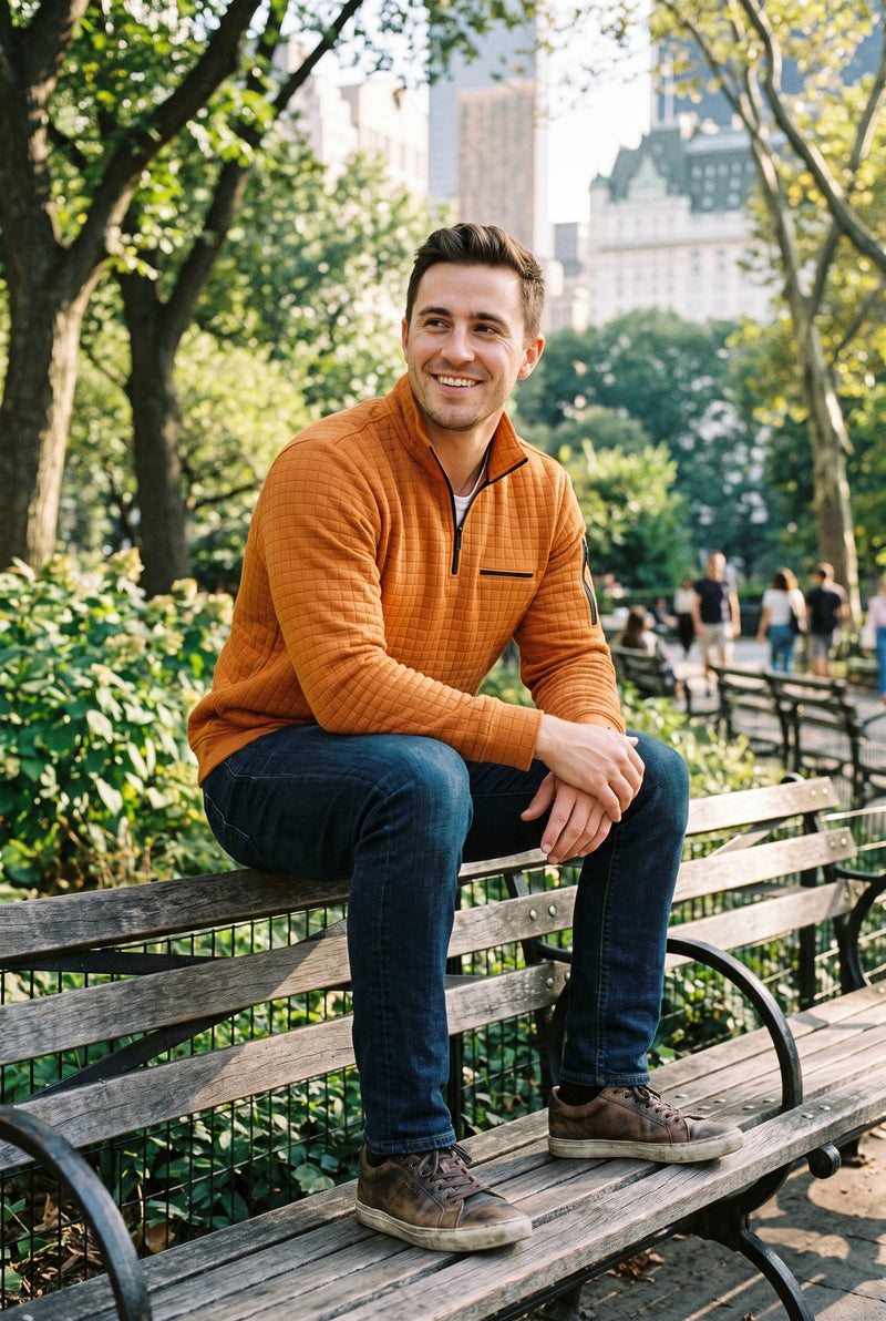 Men's Sweater Long Sleeve Waffle in Orange — lifestyle candid