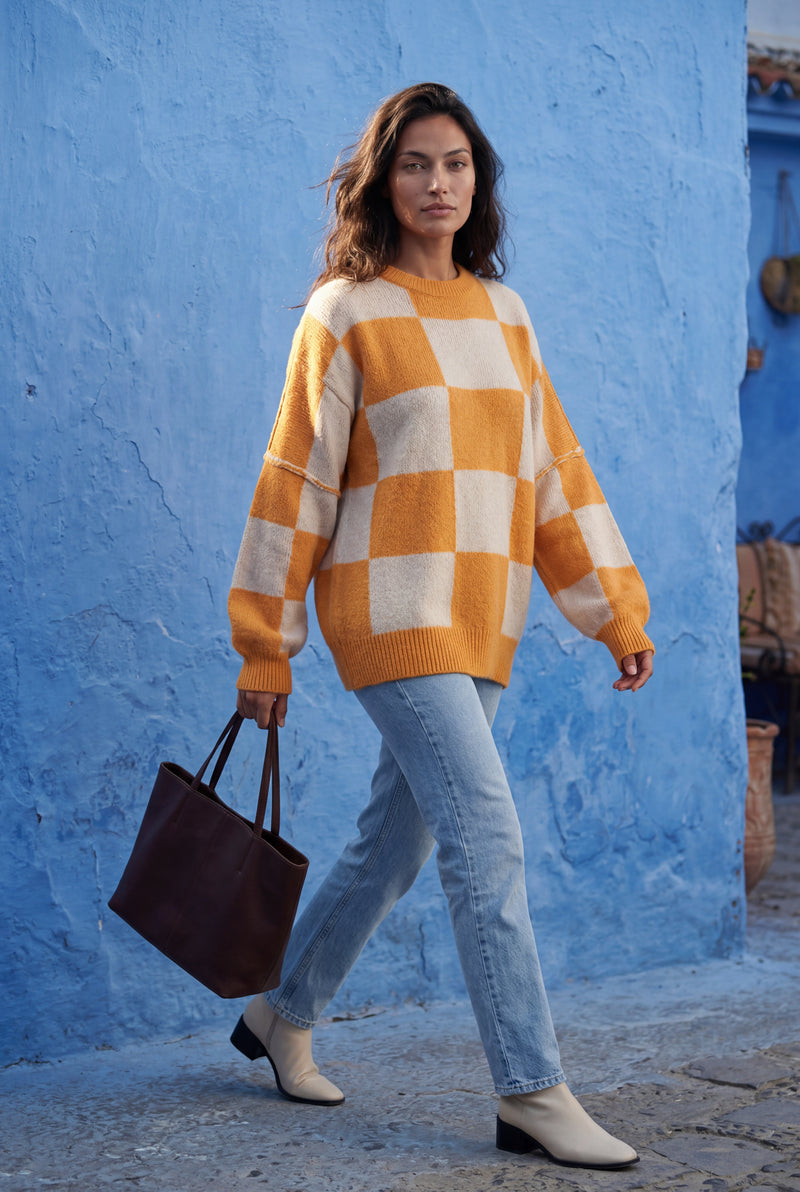 Orange Oversized Checkered Crewneck Chunky Sweater - Oversized sweater - Photo 4