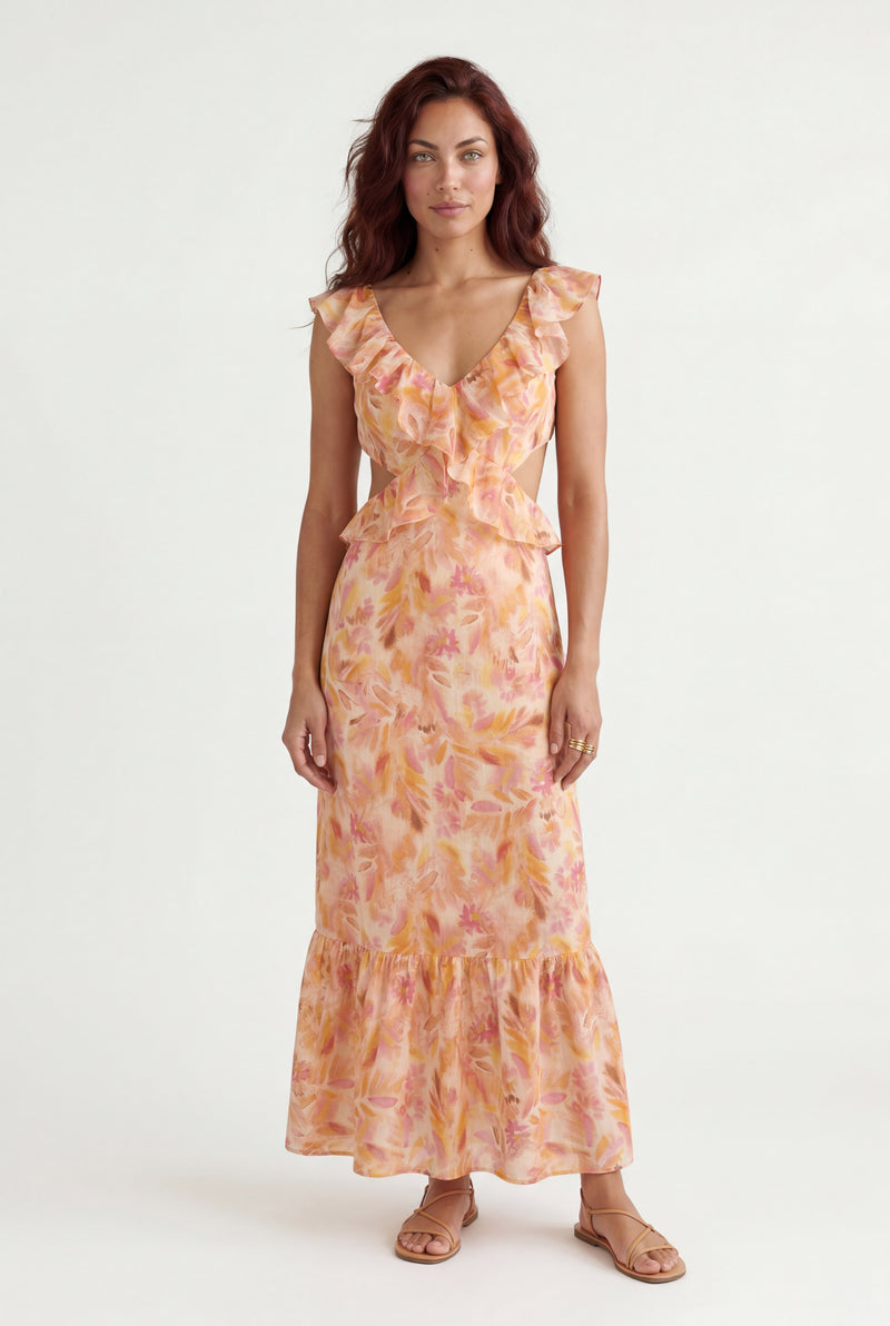 Orange Peachy Floral Ruffle Cutout Maxi Dress - Photo 1