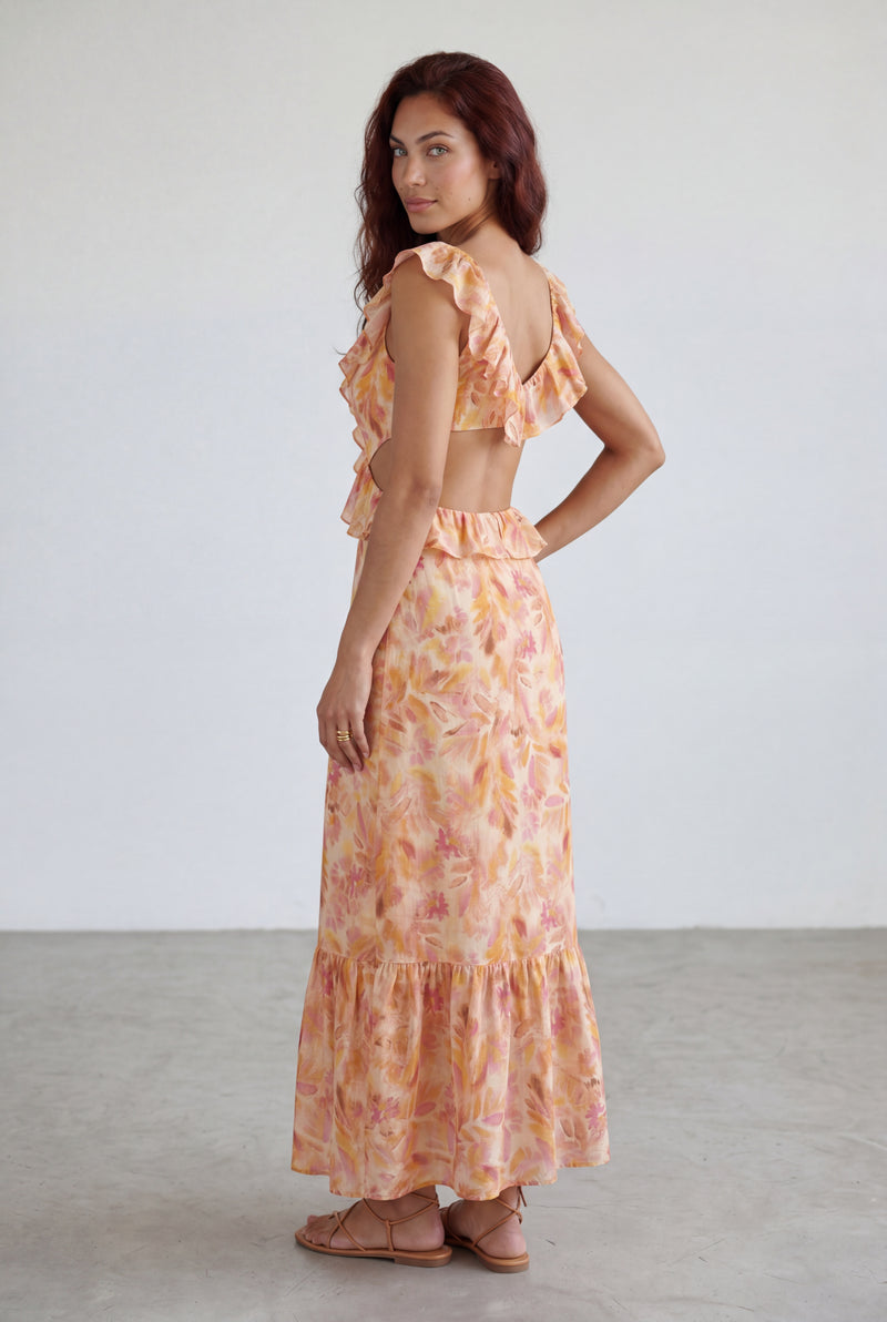 Orange Peachy Floral Ruffle Cutout Maxi Dress - Photo 2