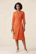 Orange Pleated Wrap Blazer Dress with Three-quarter Sleeves - Photo 2