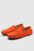 Suede Moccasin Loafers in Orange — studio front