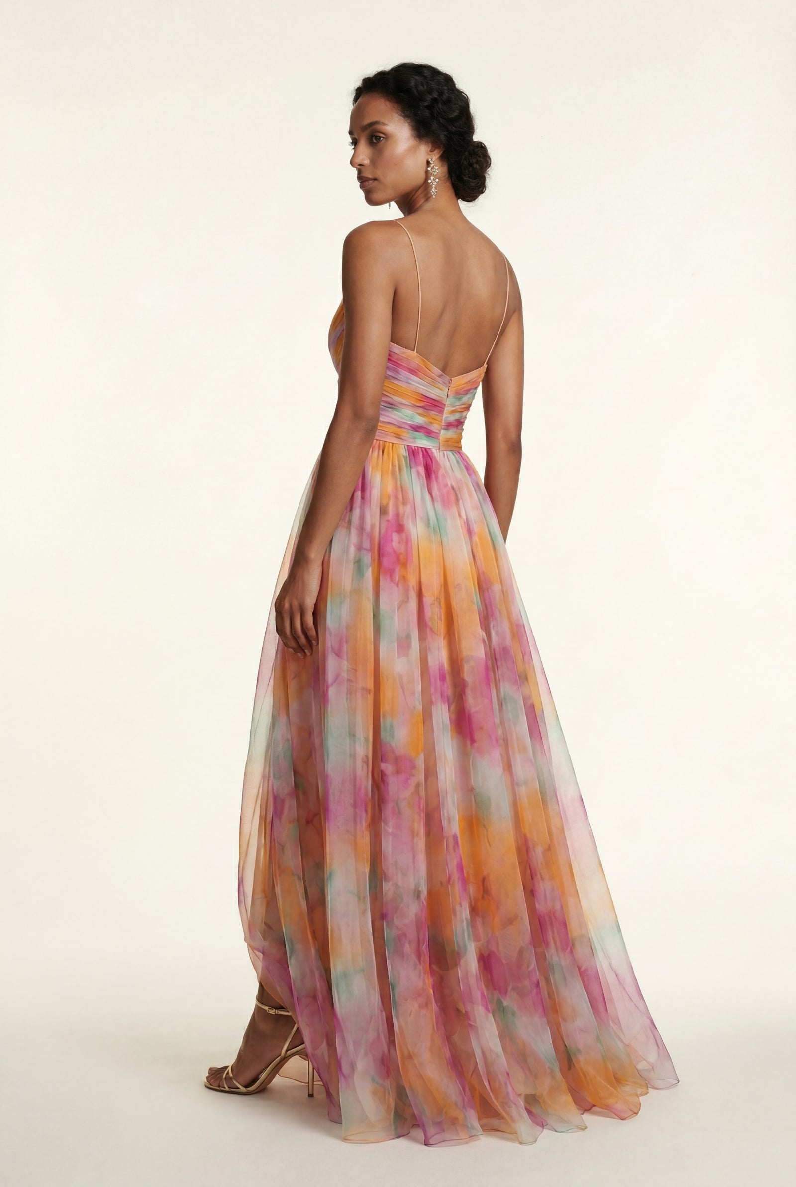 Orange Watercolor Floral Pleated Maxi Dress with Thigh-high Slit - Photo 6