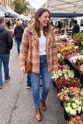 Women's Hooded Plaid Jacket in Orange — lifestyle ugc