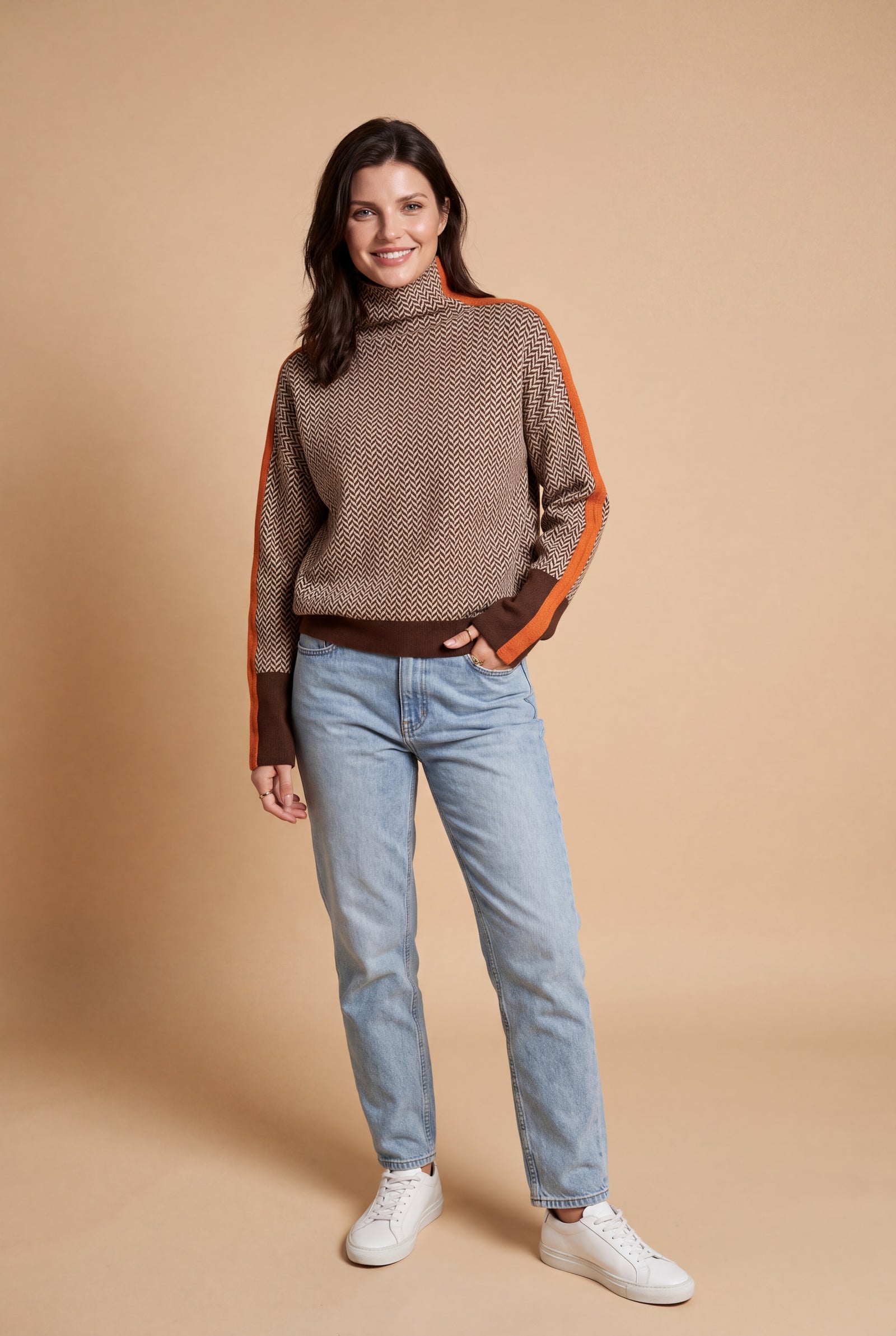 Women's Sweater Contrast Stripe Mock Neck in Orange — primary studio