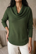Cowl Neck Knit Sweater in Pine — studio front