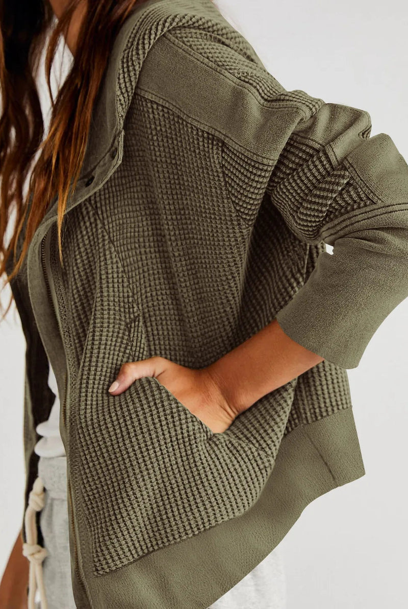 Cropped Waffle Zip-Up Hoodie in Pine — detail